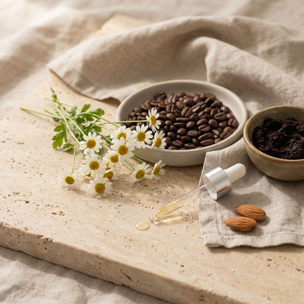 Gänseblümchen, Kaffeebohnen, Kaffeesatz, eine Pipette und Mandeln auf Naturstein