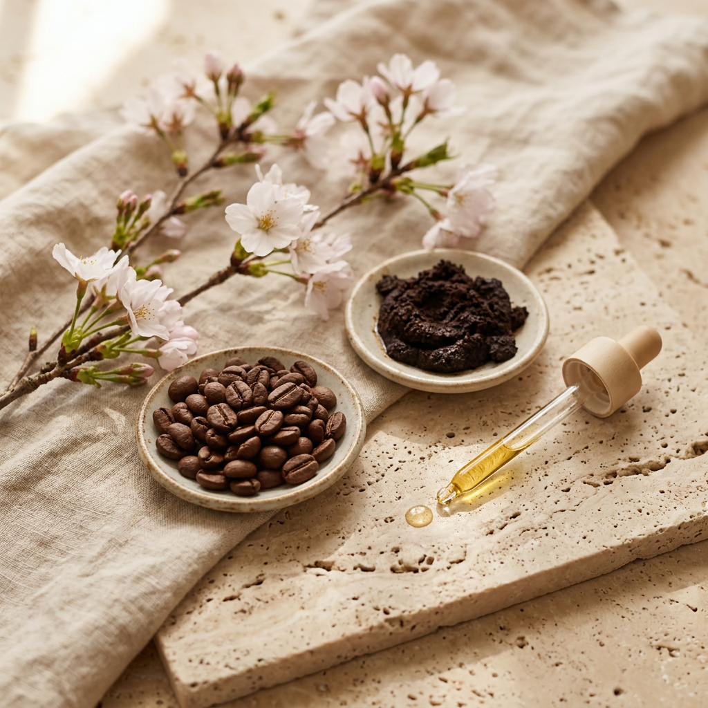 Kaffeebohnen, Kaffeesatz, eine Pipette mit goldenem Öl und Kirschblüten auf Naturstein
