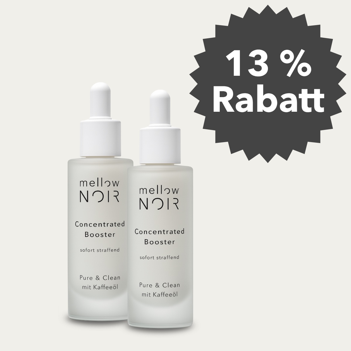 Zwei Flaschen mellow NOIR Concentrated Booster mit Hinweis auf 13 Prozent Rabatt